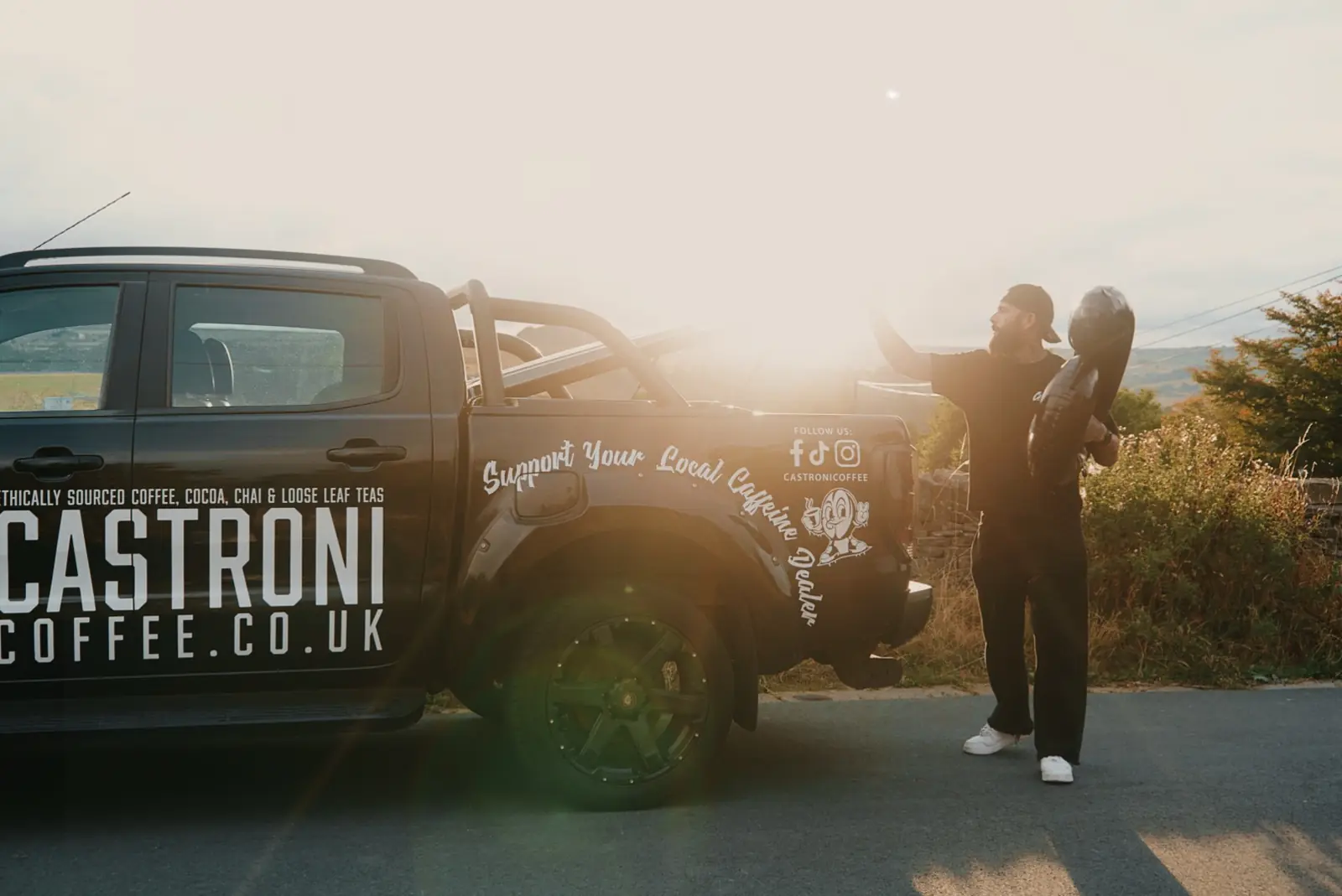 The Castroni Coffee pickup at sunset in the hills above Huddersfield